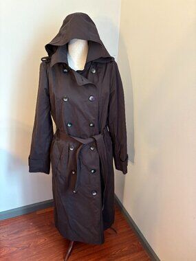 Rachel Zoe Trench Coat XL Brown Double-Breasted Belted Hooded Jacket